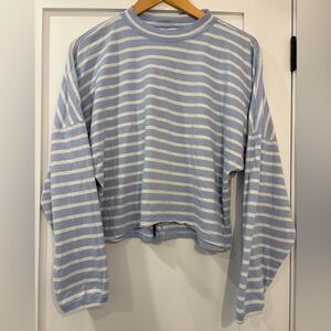 Aerie Blue White Striped Cropped Long Sleeve Tee Oversized Soft Top